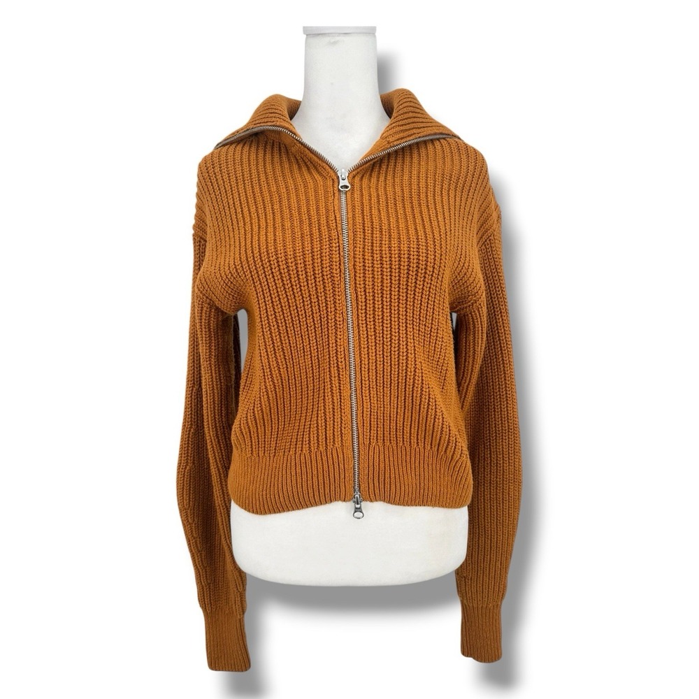 Everlane Chunky Organic Cotton Zip Cardigan XS Cozy Minimalist Caramel Brown Lux